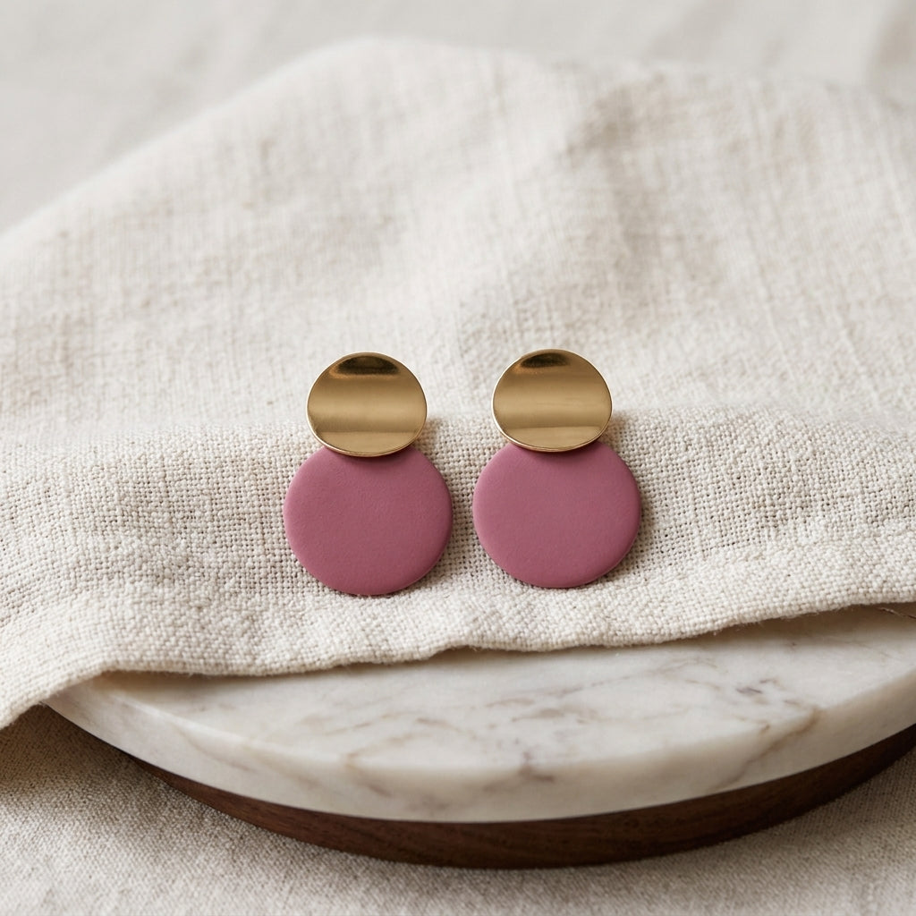 Pink and Gold Round Drop Earrings for Women – Elegant Fashion Jewelry