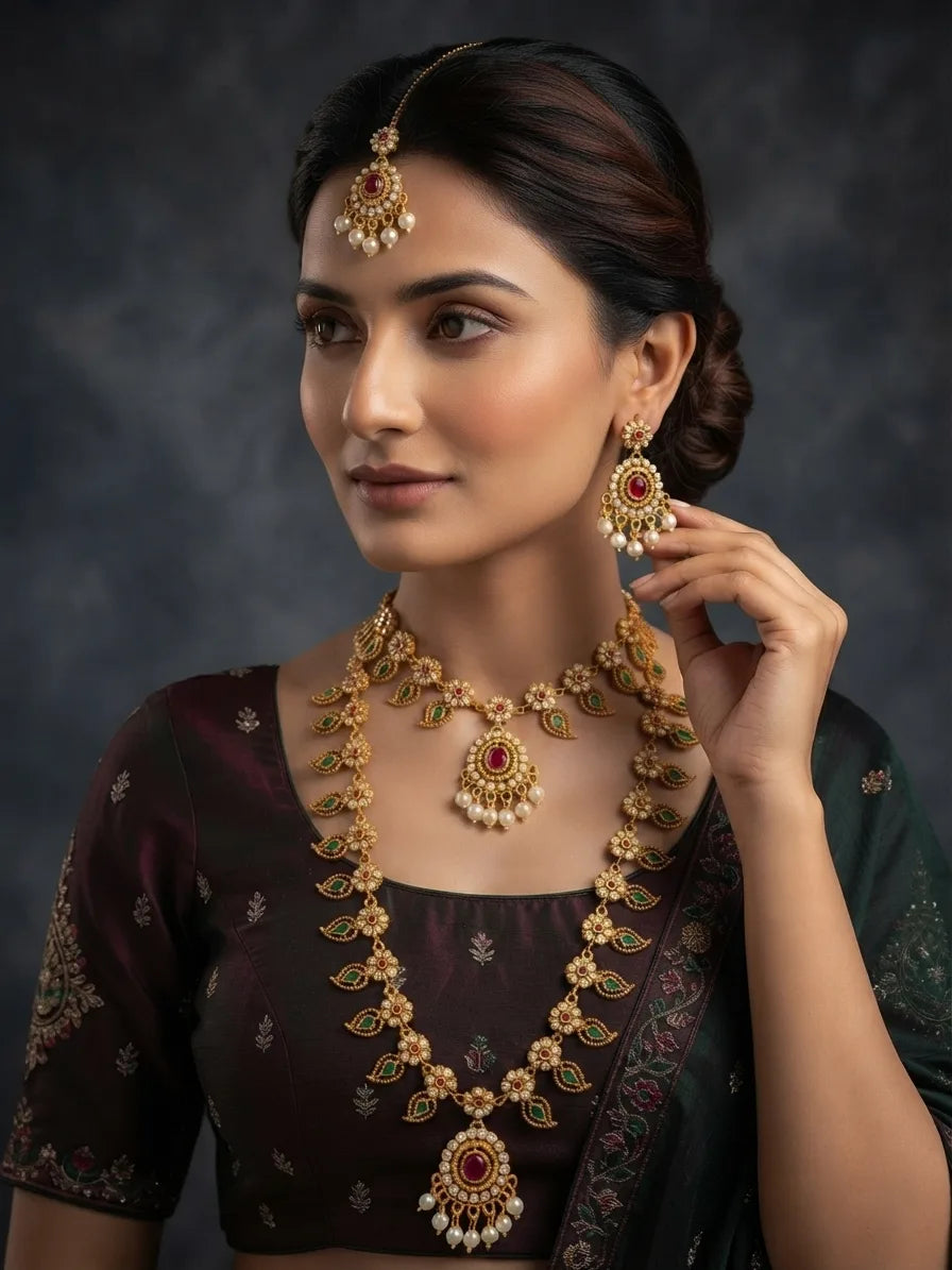 rajwadi Jewellery Set – Royal Emerald & Ruby Pearl Necklace Set in pakistan