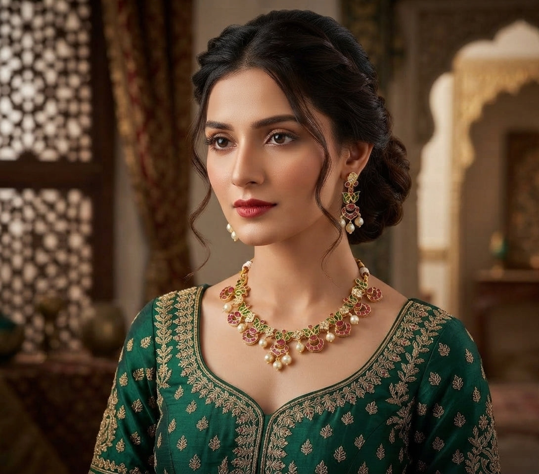 rajwadi Jewellery Set – Ruby, Emerald & Pearl Traditional Necklace Set in pakistan
