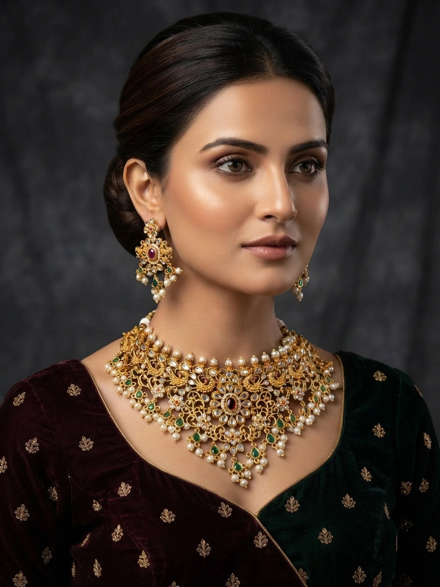 rajwadi Jewellery Set – Traditional Kundan, Pearl & Emerald Bridal Necklace Set in pakistan
