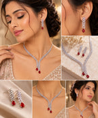 Elegant Red Crystal Drop Necklace Set with Matching Earrings