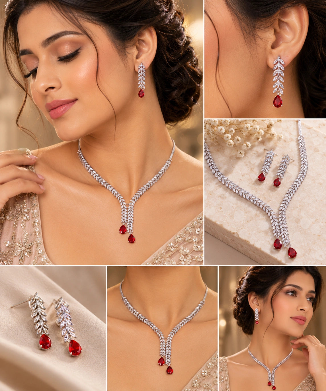 Elegant Red Crystal Drop Necklace Set with Matching Earrings