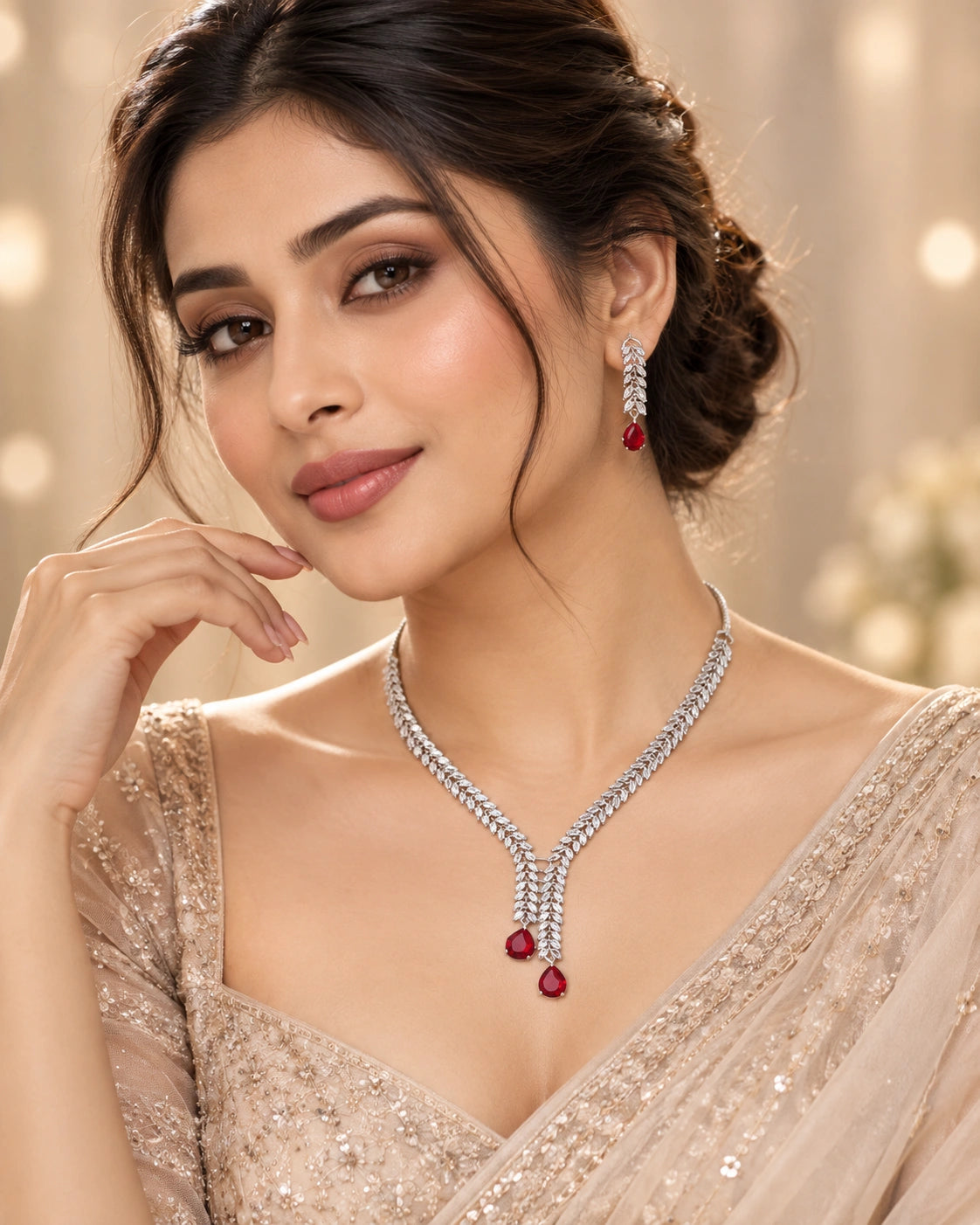 Elegant Red Crystal Drop Necklace Set with Matching Earrings
