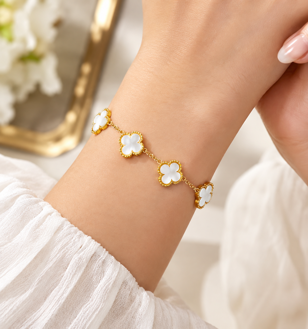 Gold-Tone White Clover Charm Bracelet