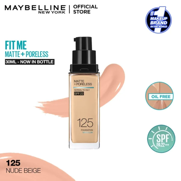 Maybelline Fit Me Matte+Poreless Foundation For Normal To Oily Skin -125 Nude Beige 30Ml