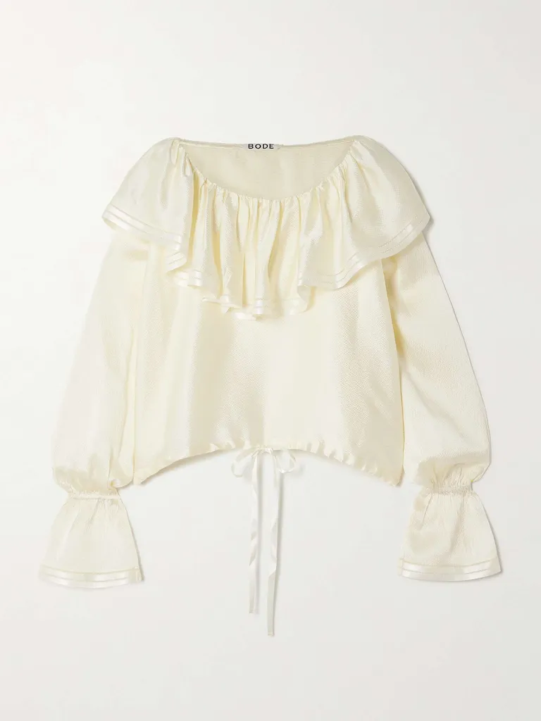 BODE
Claret Off-The-Shoulder Ruffled Pointelle-Trimmed Hammered-Silk Blouse