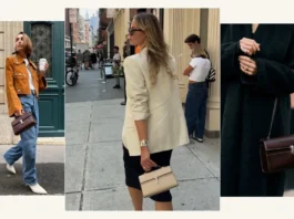 Women wearing structured leather shoulder bags with chic street-style outfits.