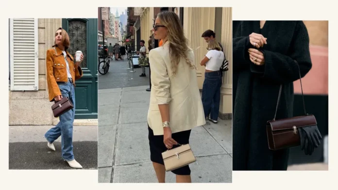 bag images Women wearing structured leather shoulder bags with chic street-style outfits.