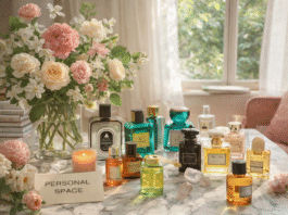 Personal space styled with a bouquet of pastel flowers and multiple colorful fragrance bottles arranged on a marble table in soft natural light.