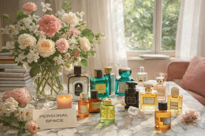 Personal space styled with a bouquet of pastel flowers and multiple colorful fragrance bottles arranged on a marble table in soft natural light.