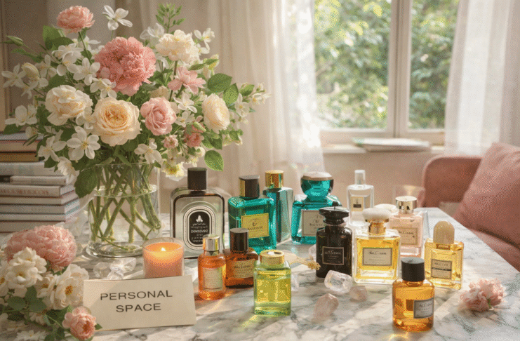 Personal space styled with a bouquet of pastel flowers and multiple colorful fragrance bottles arranged on a marble table in soft natural light.