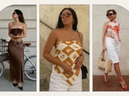 Three stylish women wearing summer strapless and halter tops paired with skirts and white shorts, accessorized with sunglasses, handbags, and heels in a chic street-style setting.