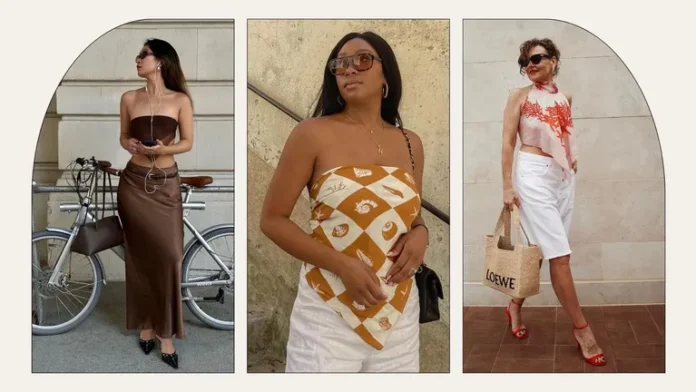 Three stylish women wearing summer strapless and halter tops paired with skirts and white shorts, accessorized with sunglasses, handbags, and heels in a chic street-style setting.