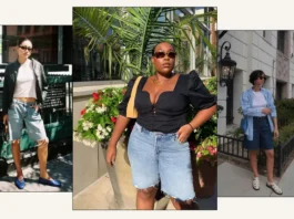 Three women wearing knee-length denim shorts styled for summer—one in a white crop top with a blazer and blue flats, one in a black puff-sleeve top with sunglasses, and one in a striped shirt layered over a tee with loafers—posing outdoors on city streets.