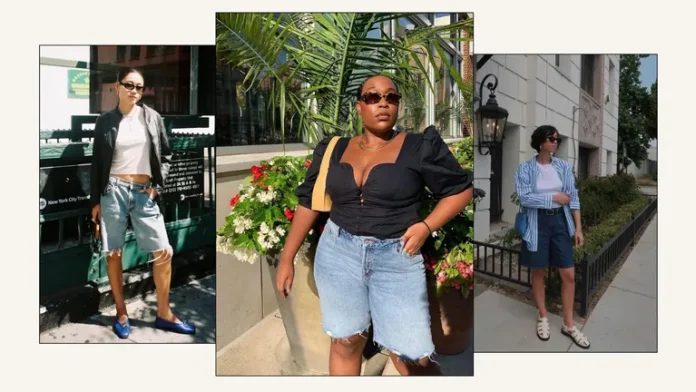 featur img Three women wearing knee-length denim shorts styled for summer—one in a white crop top with a blazer and blue flats, one in a black puff-sleeve top with sunglasses, and one in a striped shirt layered over a tee with loafers—posing outdoors on city streets.