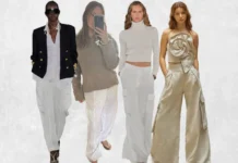 You Don’t Know It Yet, But Soon, Everyone Will Swap Their Linen Pants for This Elevated Alt Four models wearing neutral-toned summer outfits, including white trousers, beige knitwear, a cream turtleneck with cargo pants, and a gold statement top with wide-leg pants.