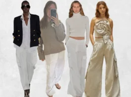 You Don’t Know It Yet, But Soon, Everyone Will Swap Their Linen Pants for This Elevated Alt Four models wearing neutral-toned summer outfits, including white trousers, beige knitwear, a cream turtleneck with cargo pants, and a gold statement top with wide-leg pants.