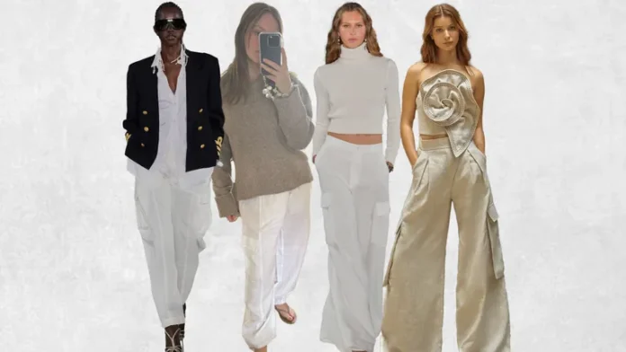 featur img Four models wearing neutral-toned summer outfits, including white trousers, beige knitwear, a cream turtleneck with cargo pants, and a gold statement top with wide-leg pants.