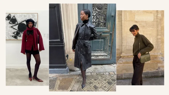 featured Winter outfit inspiration with tights, leather coat, knit sweater, and chic layering pieces.