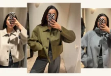 Sorry, Puffers: A Wool Jacket Is My Secret to Looking Chic in the Cold, and These 6 Are Impeccable Woman trying on cropped wool jackets in beige, olive green, and gray, styled for casual chic fall and winter outfits.
