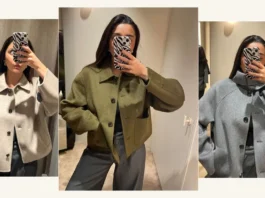 Woman trying on cropped wool jackets in beige, olive green, and gray, styled for casual chic fall and winter outfits.