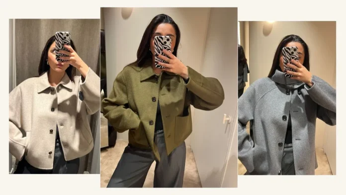 featured Woman trying on cropped wool jackets in beige, olive green, and gray, styled for casual chic fall and winter outfits.
