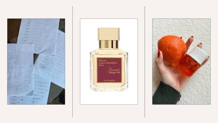 Three-panel collage featuring fragrance notes, a luxury perfume bottle, and a citrus-inspired scent held beside an orange.