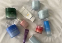 Laneige Is Known for Its Viral Lip Mask, But These 10 Products Are Sleeper Hits Laneige skincare collection featuring Water Sleeping Mask, Cica Sleeping Mask, Lip Sleeping Mask, sunscreen, serum, and eye cream arranged on soft white fabric background.