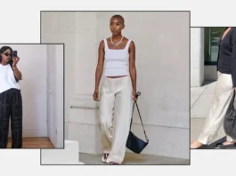 Street style inspiration featuring wide-leg pants paired with a white tank top, oversized tee, and tailored blazer for a modern minimalist fashion look.