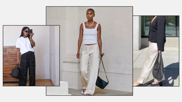 Street style inspiration featuring wide-leg pants paired with a white tank top, oversized tee, and tailored blazer for a modern minimalist fashion look.