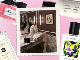 Luxury perfume bottles with elegant woman on marble vanity