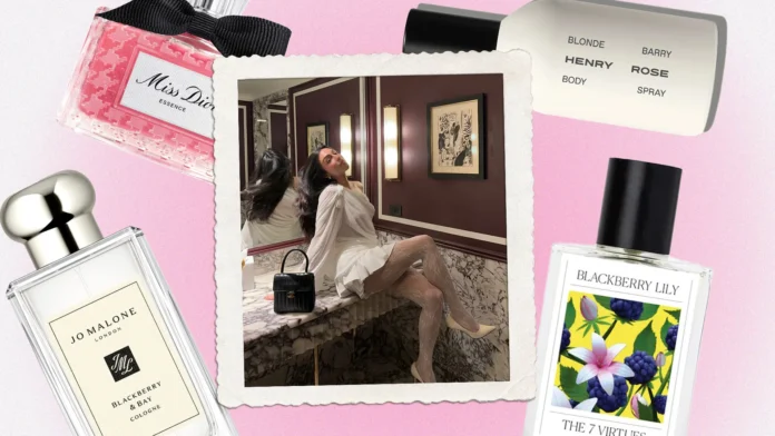 frag featur Luxury perfume bottles with elegant woman on marble vanity