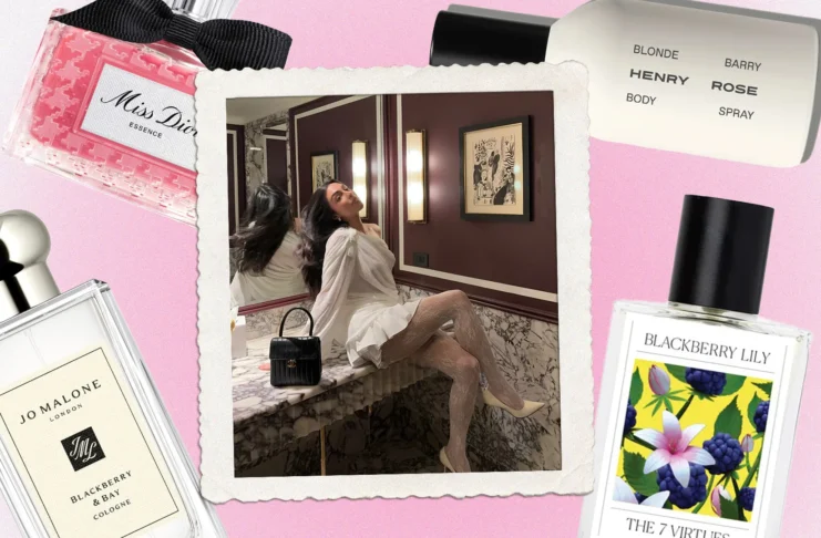 Luxury perfume bottles with elegant woman on marble vanity