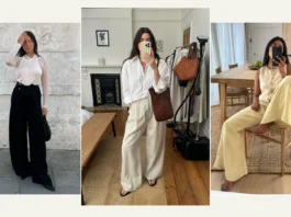 Neutral wide-leg trousers styled with oversized white shirt casual chic look