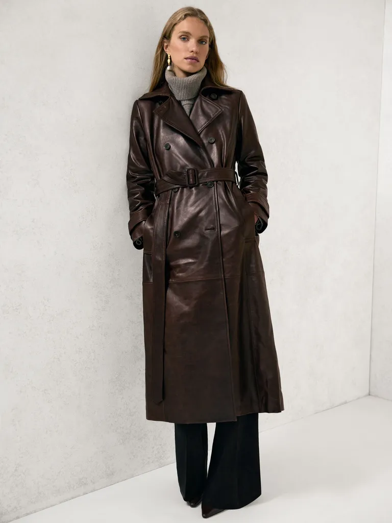 Reiss
Leather Double-Breasted Trench Coat in Chocolate