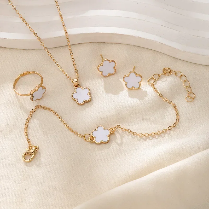 Four-piece Set Jewelry for Woman Clover Earrings Necklace Ring Bracelet