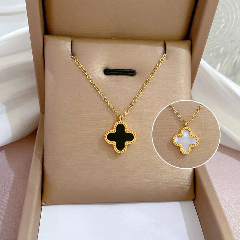 Stainless Steel Flower Pendant Necklace 2 Sides Black White Shell Design for Women