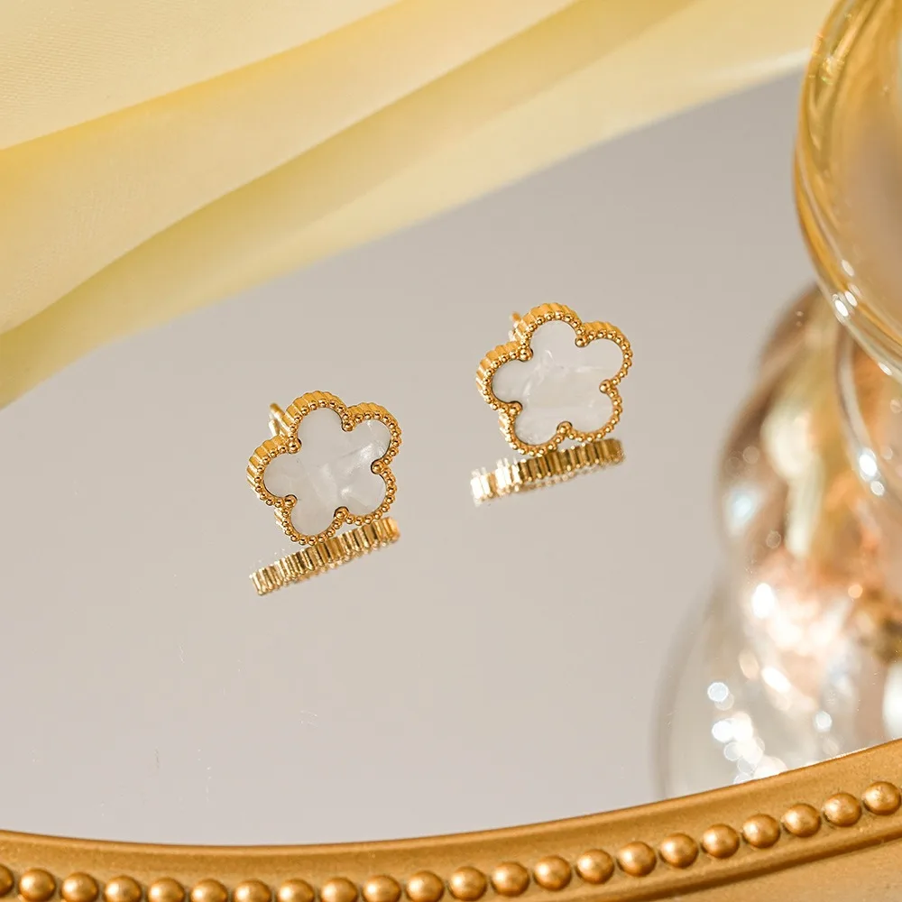 Plum Blossom Five Leaf Earrings for Women Black & White Stainless Steel