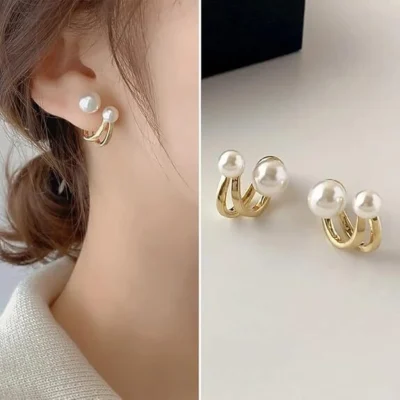 Korean 2 in 1 double sided pearl alloy stud earrings