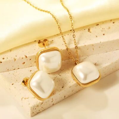 Gold plated square buckle pearl earrings and necklace set
