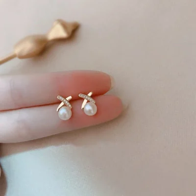 CZ pearl X cross stud earrings for Women