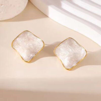 White enamel square earrings