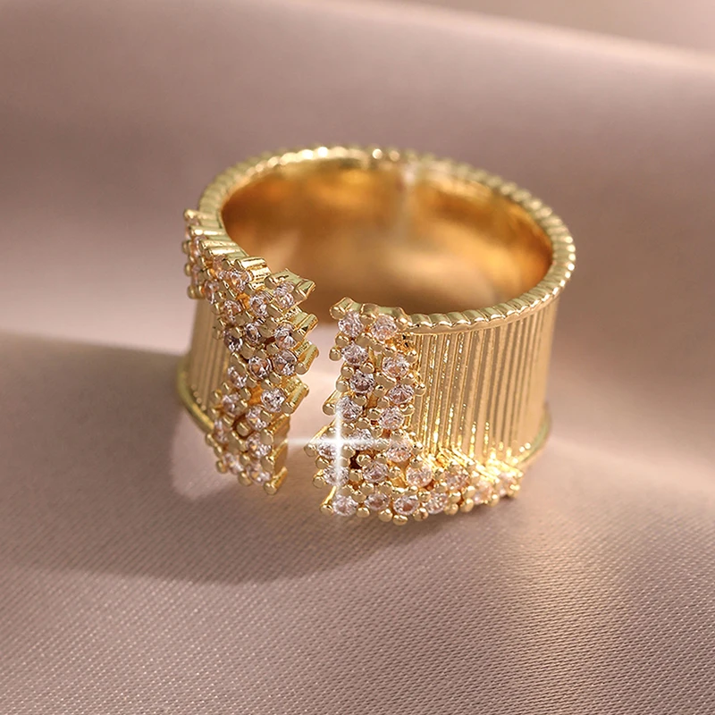 Gold Color Wide Rings Women's Finger Ring with CZ Zirconia Female Girl Daily Wear Party Dating Jewelry Gift