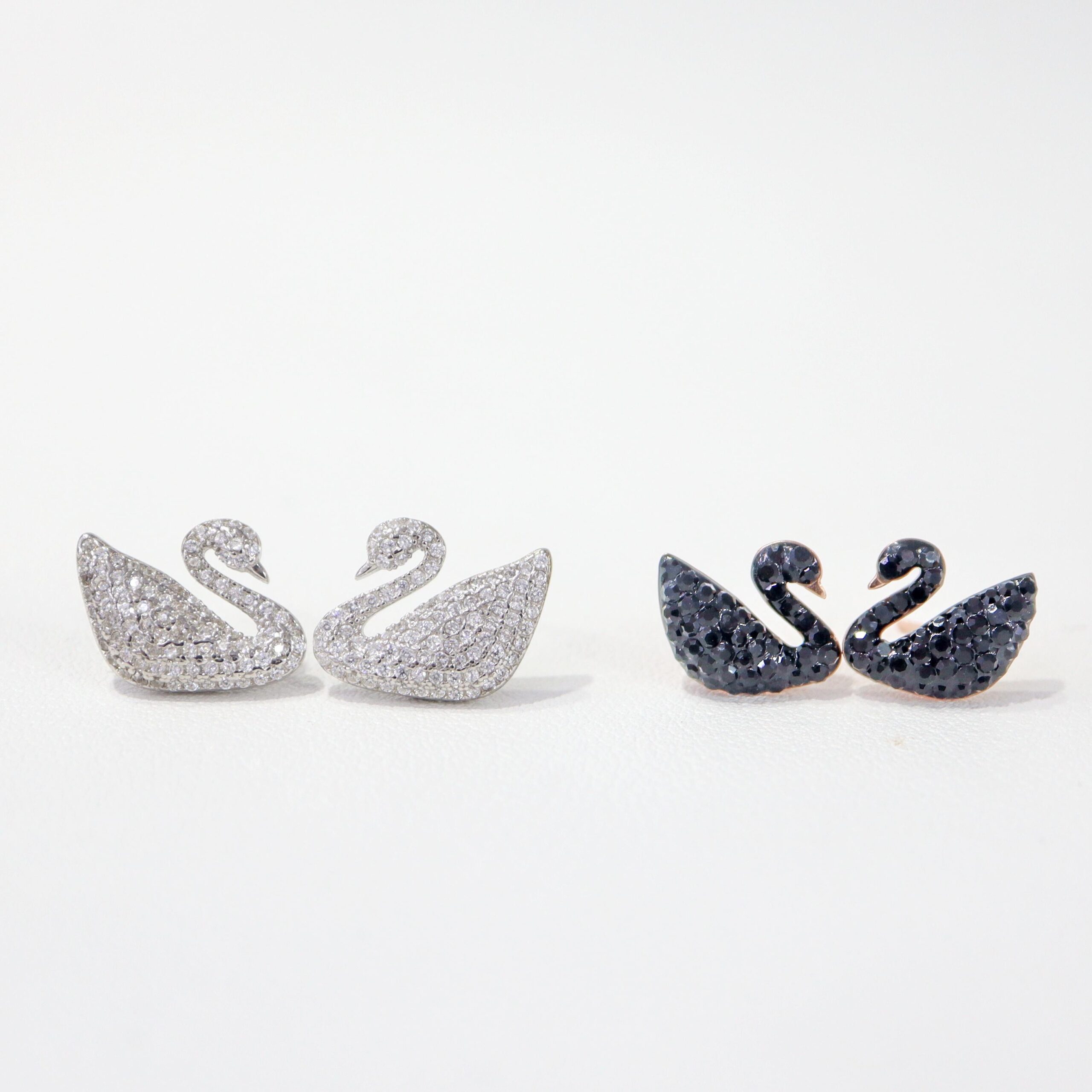 Rhodium Plated Cubic Zirconia Black & White Swan Stud Earrings in Sterling Silver Jewelry