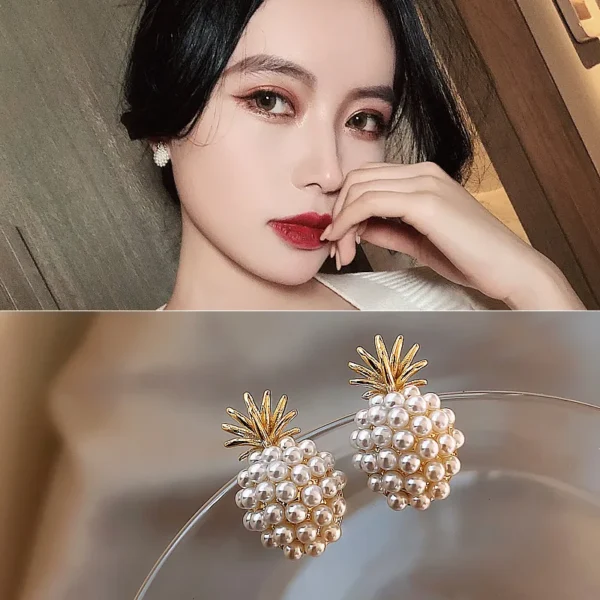 Women wearing cute pineapple pearl earrings fashion look