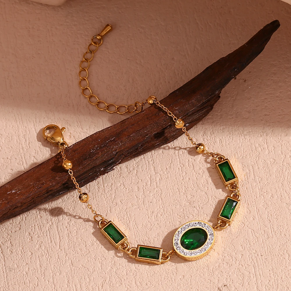 Green rhinestone gold plated bracelet for women