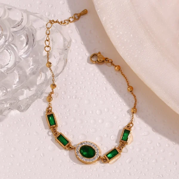 Gold plated green crystal bracelet side view
