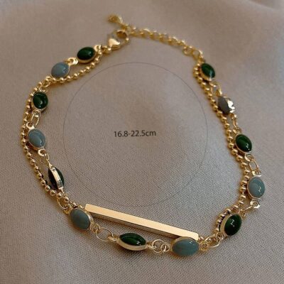 Gold Chain Bracelet with Green Oval Charms