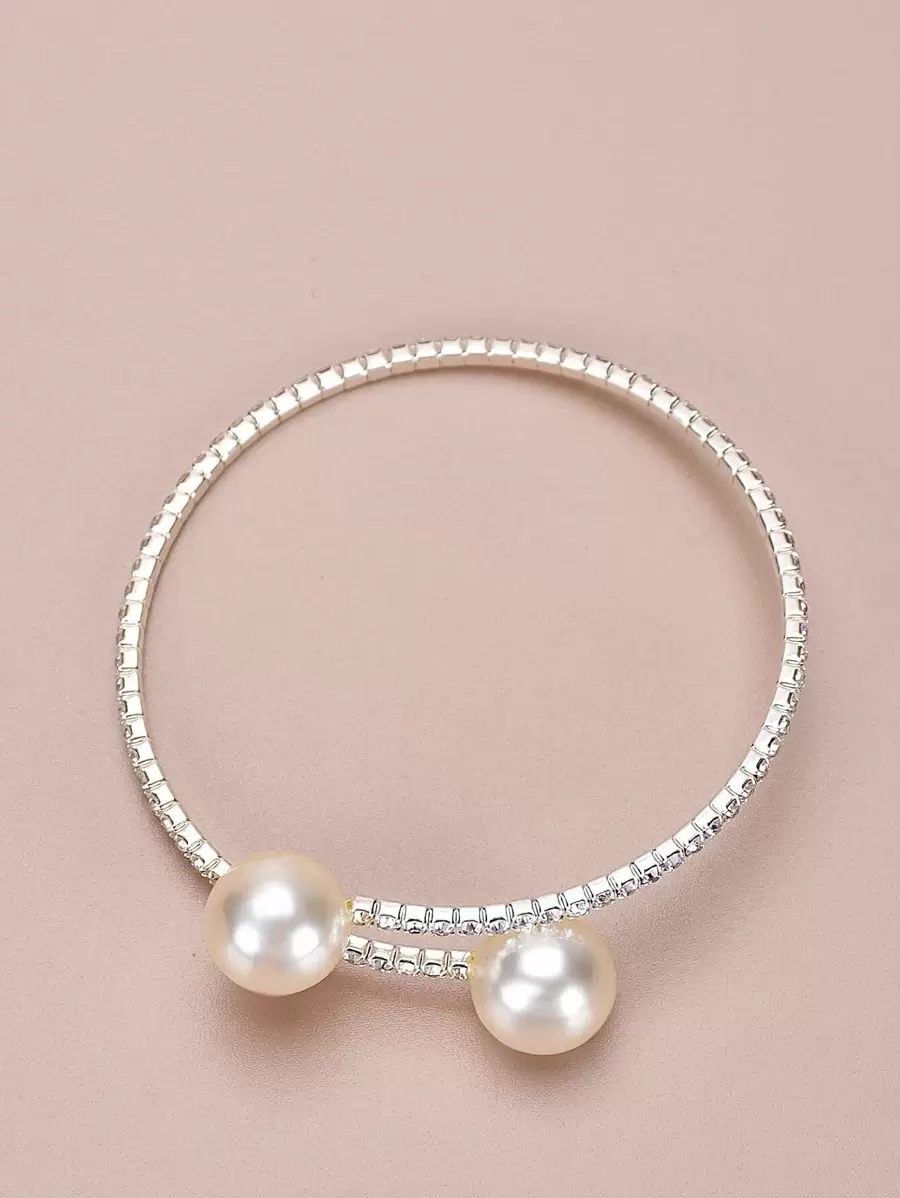 Luxury Rhinestone & Faux Pearl Cuff Bangle Bracelet
