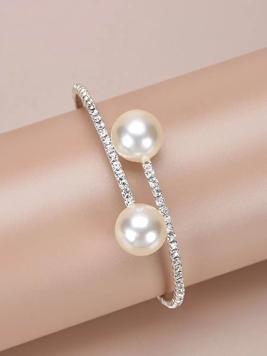 Luxury Rhinestone & Faux Pearl Cuff Bangle Bracelet for Women